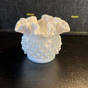 Vintage Fenton Glass Hobnail‎ Milk Glass Ruffled Edge Vase 3"